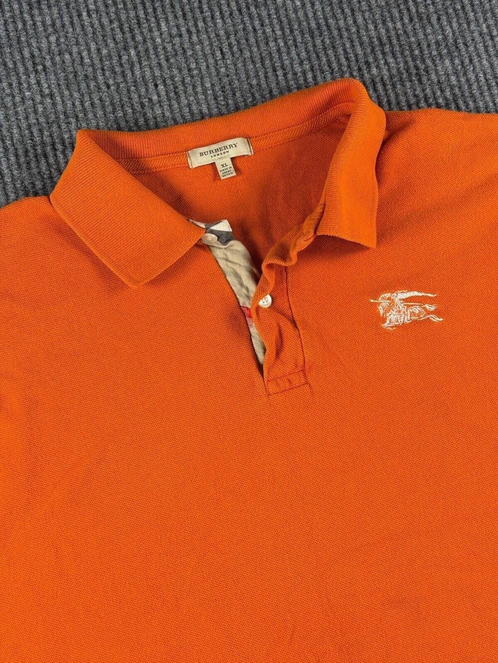 Burberry London Polo Mens XL Orange Nova Check Placket Cotton Pique Short Sleeve